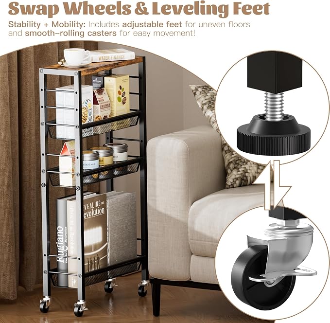 Narrow Storage Cart with Wheels,4-Tier Narrow Kitchen Carts Slim Rolling Cart,Skinny Storage Cart for Small Spaces,Rolling Utility Cart for Livingroom,Diningroom,Office,Laundry Room,Bathroom - Image 7