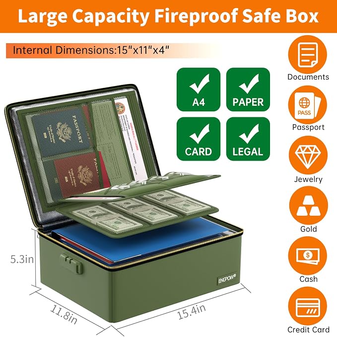 ENGPOW Fireproof Document Box with Lock & Heat-Resistant Fireproof Zipper | 6400°F 12-Layer Fire Protection, Hard File Organizer with Pockets, Portable Home Chest Safe Storage for Money,Jewelry, Green - Image 6