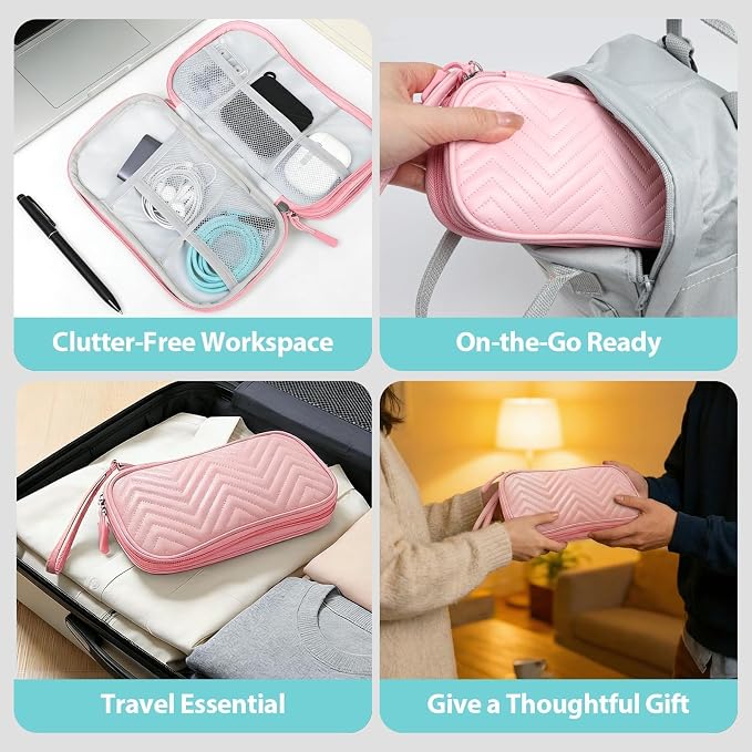 Double Layer Electronics Organizer Bag, Sakura Pink | Water-resistant PU leather travel pouch. Features 8 anti-tangle compartments for 3ft+ cords & chargers. Includes 8 ties. - Image 6
