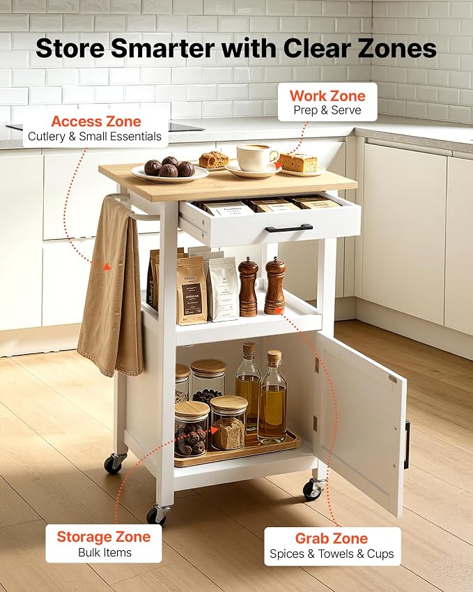VEVOR Kitchen Island Cart with Single Door Cabinet, Mobile Carts with Drawer, Towel Rack, Hooks, Portable Table on Swivel Wheels, Small Coffee Islands Microwave Stand for Dining Room, 18x23 in, White - Image 4