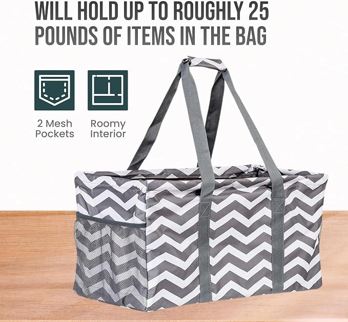 Extra Large Utility Tote Bag - Oversized Collapsible Reusable Wire Frame Rectangular Canvas Basket With Two Exterior Pockets For Beach, Pool, Laundry, Car Trunk, Storage - Chevron Gray - Image 5