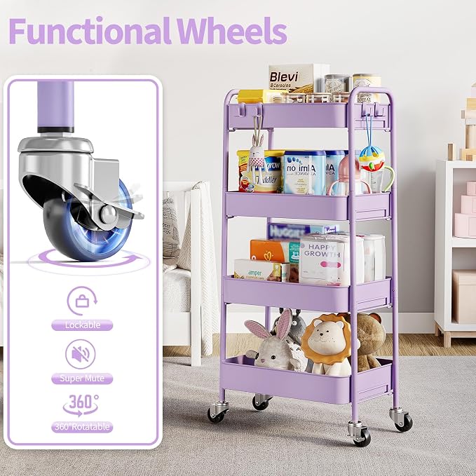 TOOLF 4 Tier Metal Rolling Cart, Utility Storage Cart with Wheels, Purple | Screwless Assembly, Lockable Metal Wheels, Trolley Organizer for Bathroom, Kitchen, Office, Dorm, Laundry, Craft Room - Image 5