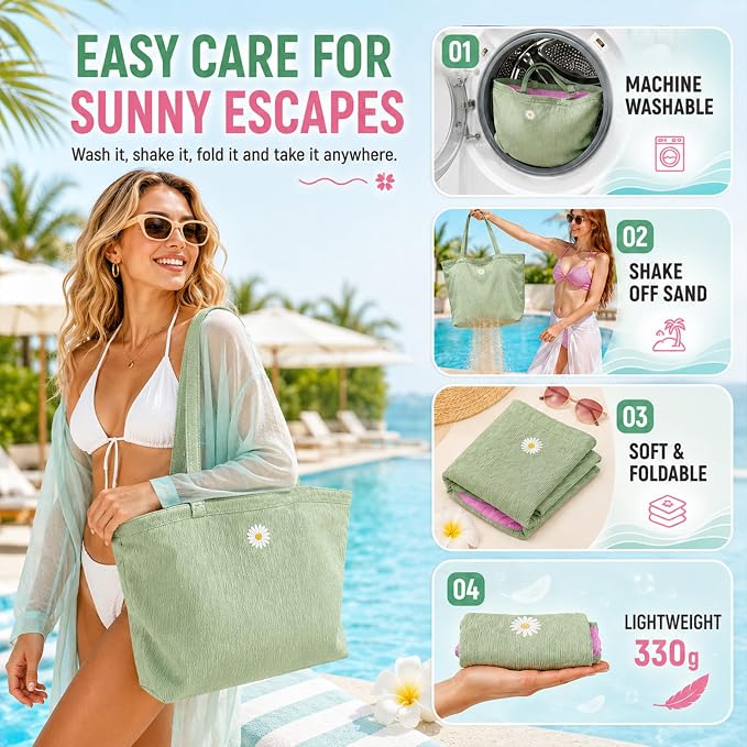 CYD Vacation Tote Bag for Women, Reversible Pink Green Beach Carryall | Vacation tote bag for women and pool bag for women with reversible style, outer pockets and soft packable comfort. - Image 5