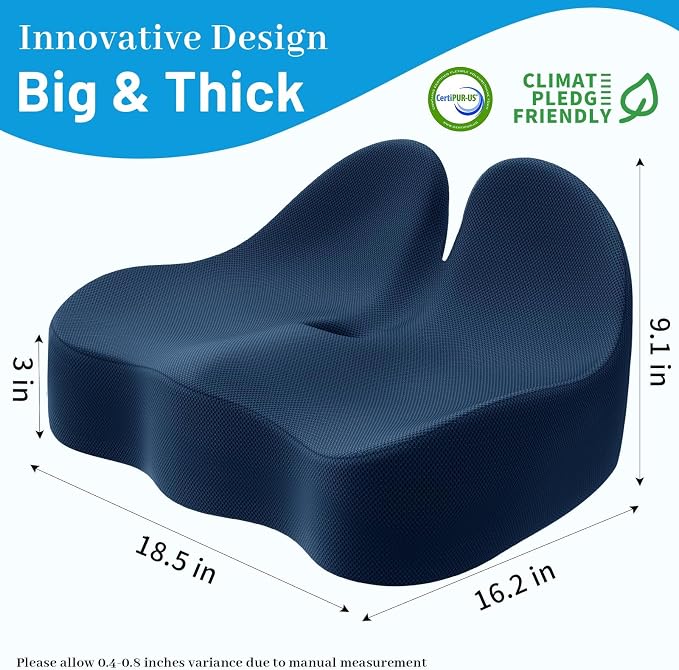 Memory Foam Seat Cushion, Ergonomic Office Chair Cushion for Long Sitting | Curved Tailbone Support Cushion for Car, Desk Chair and Wheelchair, Coccyx Comfort Pad with Breathable Cover, X-Large, Blue - Image 5