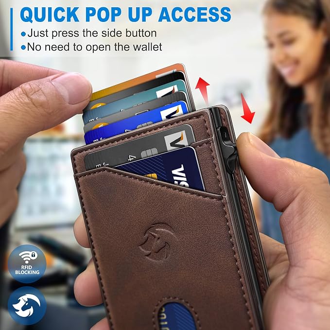 Wallet for Men, Slim Pop Up Card Holder with RFID Blocking, Minimalist Bifold Wallet with 9 Card Slots, ID Window and Cash Pocket, Metal Flip Case with Magnetic Closure, Gift Box - Image 5