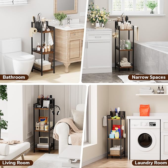 Bathroom Storage and Organizer Shelf Hair Dryer Holder, 9.85in | 3-Tier Narrow Metal Standing Rack with Toilet Paper Holder,Makeup Stand for Cosmetic, Vanity, Kitchen, Laundry Rustic Brown - Image 7
