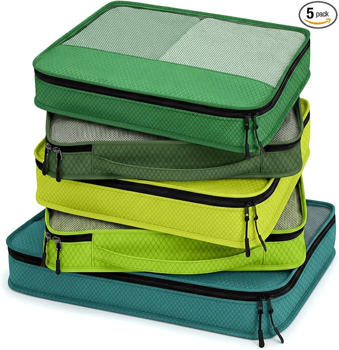 5 Pcs Packing Cubes for Suitcase Large Travel Cubes Carry on Luggage Organizer Bags for Clothes Accessories(Mixed,Green) by Bulyoou