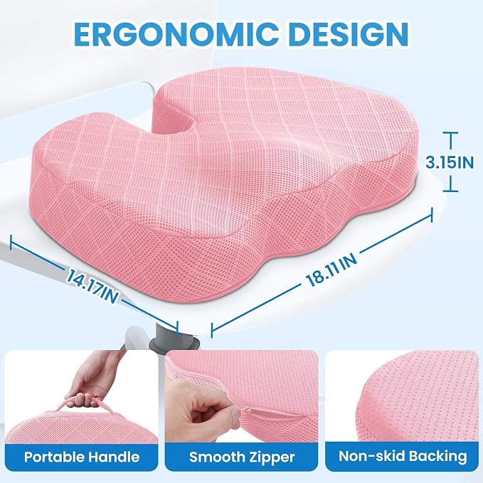 Seat Cushion, Memory Foam Office Chair Cushion - Pink, Large | for Car Seat, Airplane, Desk Chair - Sciatica & Hip & Coccyx Pain Relief Cushion for Long Sitting Office Workers, Car Drivers - Image 2