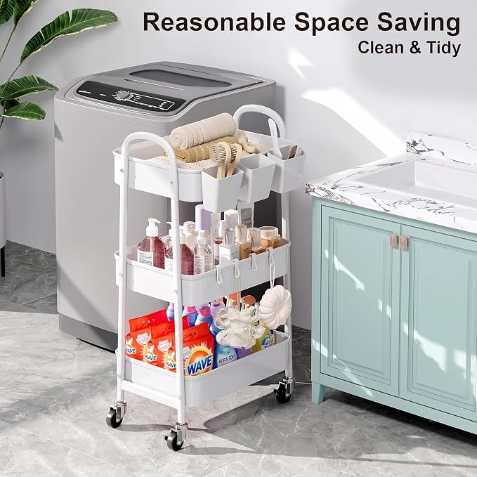 3 Tier Heavy Duty White Metal Rolling Cart with Lockable Wheels,Roller Cart | Three Tier Book Snack Cart, Utility Storage Organizer Carts for Kitchen, Bathroom, Garage, Baby Diaper, Craft, Art, Teacher - Image 5