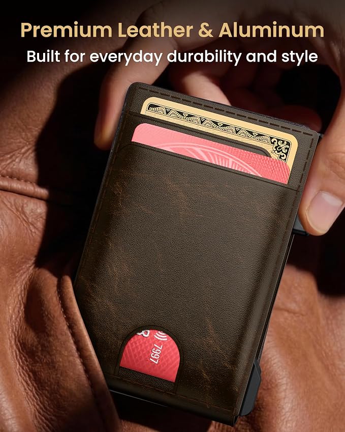 Wallet for Men Card Holder: Pop Up Card Case, Genuine Leather, Smart, RFID Blocking, Slim, Minimalist, Thin, Front Pocket - 12 Card Capacity, ID Window, Money Clip (Bronze) - Image 7
