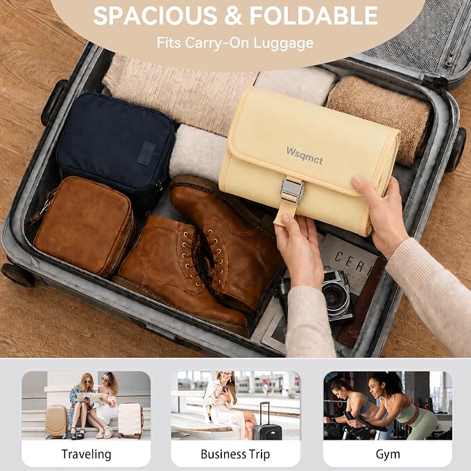 Hanging Travel Toiletry Bag, Waterproof Travel Bag for Toiletries Makeup Cosmetic Bag Organizer for Women Traveling Bathroom Shower, with 3 Silicone Travel Bottles, Beige - Image 7
