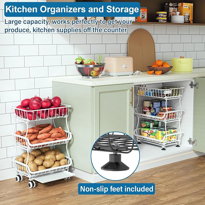 OKZEST 3-Tier Rolling Pantry Floor Organizers and Storage Cart with Wheels | Fits under pantry shelf, Stackable kitchen pantry baskets with dirt catch tray, Holds drink, snack, can, potato, onion, fruit - Image 4