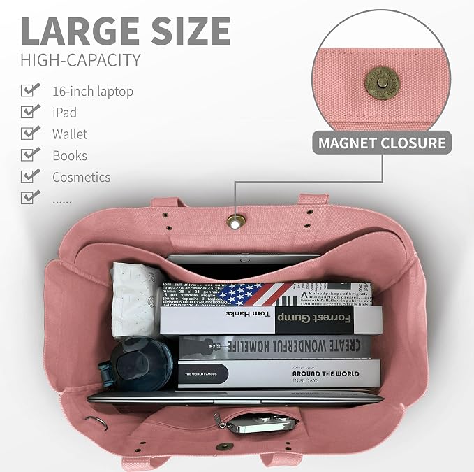 HOMESPON Large Canvas Tote Bag, Magnetic Work Laptop Pack for Women | Everything Bag, Multi Pockets, Internal Laptop Sleeve - Image 4