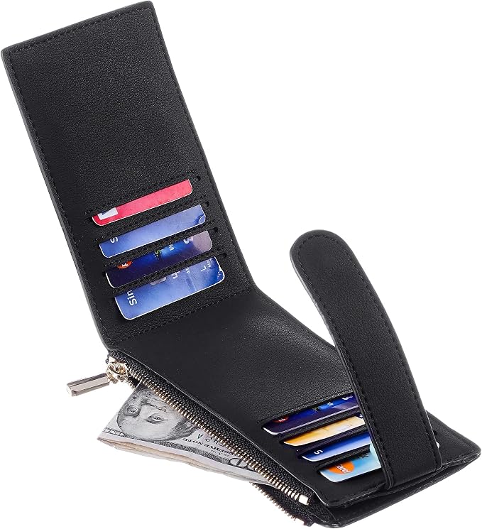 Chelmon Women's RFID Slim Card Holder Wallet | Thin Bifold Multi Card Case with Zipper Coin Pocket Purse for Women(Black Smooth) - Image 8