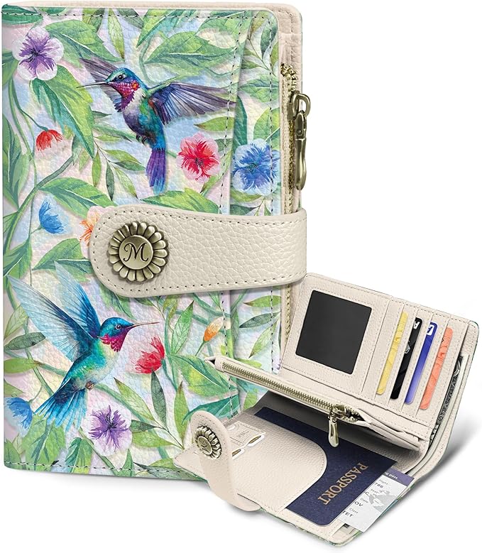 Hummingbird Wallet Women RFID, Passport Holder, Credit Card Holder | 6.7" x 4.4" x 1.3" Bifold, Travel billfold, Zipper Pocket, PU Leather, Clutch, Purse, ID Window, Pen Holder, Gift Ladies Girl by Mavellin