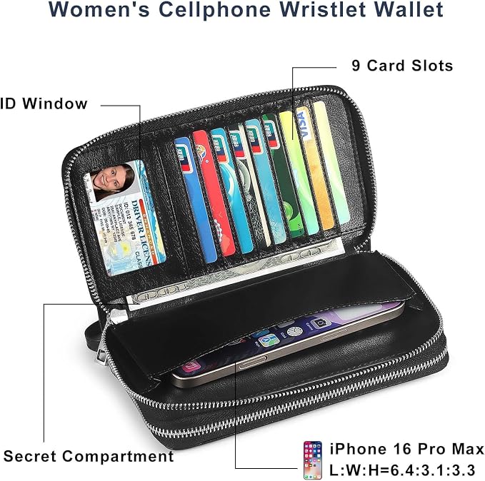 Double Zipper Wallet for Women RFID Blocking Cellphone Wristlet Large Size Multi Card Clutch Purse with Removable Strap, Black - Image 3