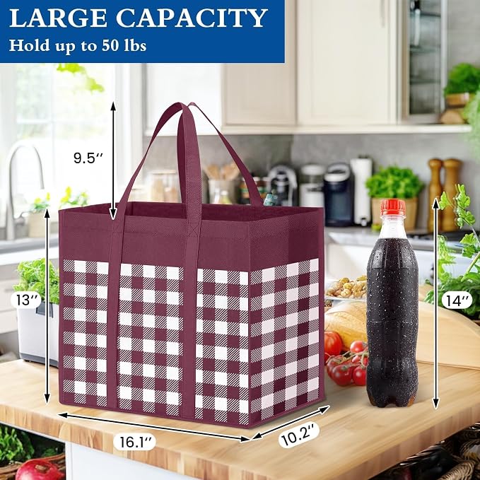 Reusable Grocery Shopping Bags 10 Pack Large Foldable Tote Bags Bulk | Eco Produce Bags with Long Handle for Shopping Groceries Clothes (Plaid C) - Image 4