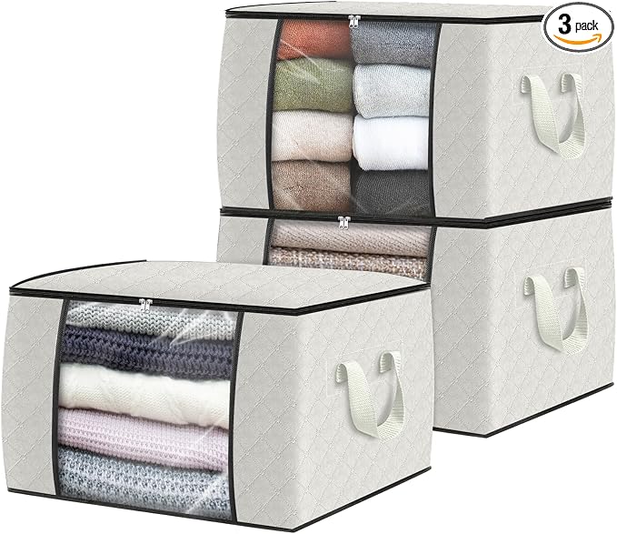 3 Pack Storage Bags for Clothes Blanket Storage Bins with Lids | Foldable Closet Organizers with Zippers,Window and Handles,Fabric Storage Bins for Sweater,Comforter,Bedding,Dorm essentials by Fabtotes