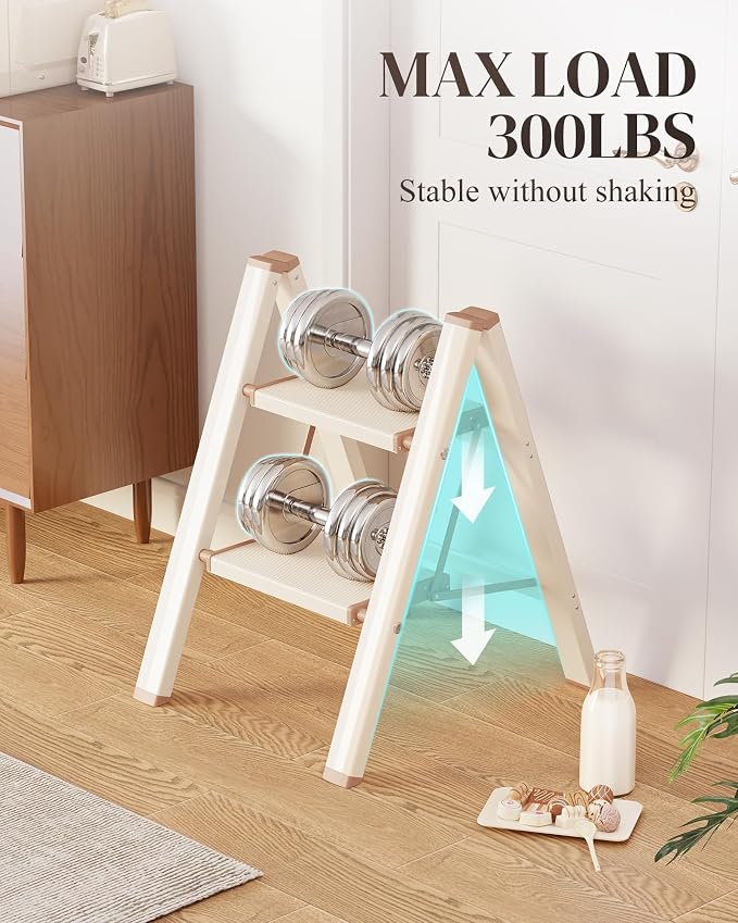 2 Step Ladder, Foldable Aluminum Step Stool with Anti-Slip Pedal | Lightweight yet Sturdy, Portable, Non Slip Feet, 300Lbs Capacity, Elegant Look, for Kitchen, Closet, Pantry, Cream Chocolate - Image 4