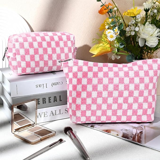 SOIDRAM 2 Pieces Makeup Bag Large Checkered Cosmetic Bag Capacity Canvas Mix Travel Toiletry Bag Organizer Cute Makeup Brushes Aesthetic Accessories Storage Bag for Women, Pink checkered - Image 2