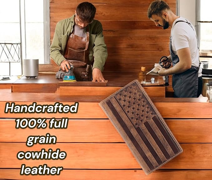 F&L CLASSIC Men's RFID Vintage Look Genuine Leather Long Bifold Wallet Checkbook Wallets,brown flag,240-100 - Image 5
