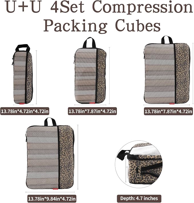 U+U 4 Set Compression Packing Cubes - Ultralight Travel Cubes (Leopard) | Space-Saving & Lightweight Travel - Image 5