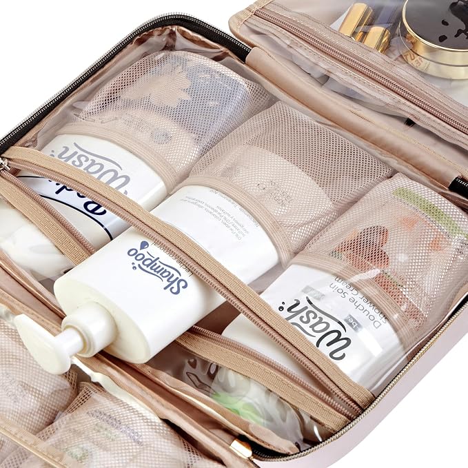 NISHEL Travel Toiletry Bag for women, Portable Hanging makeup Organizer | for Travel-Sized Shampoo, Conditioner, Brushes Set, makeup Accessories, Large Size, Pink - Image 6