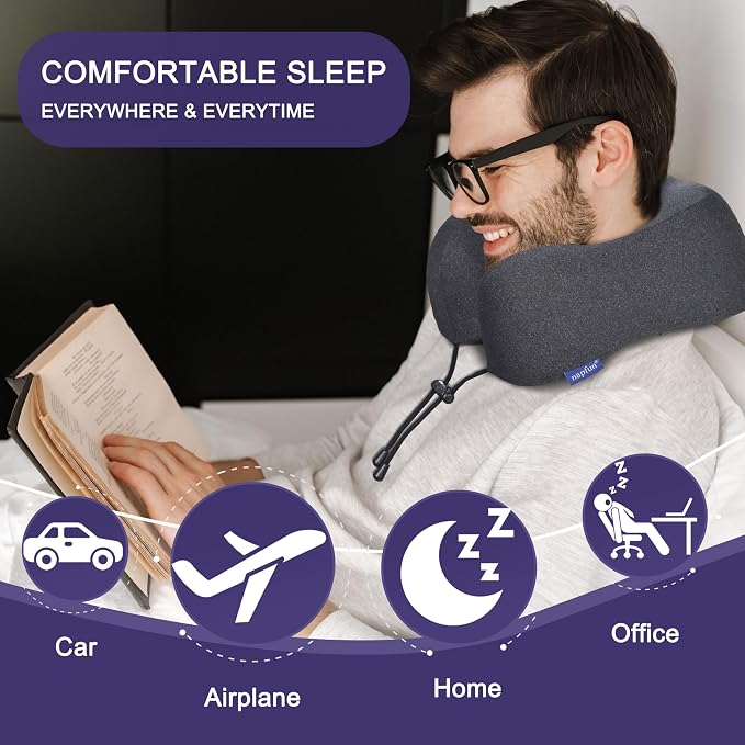napfun Neck Pillow for Travel, Memory Foam Airplane Pillow, Full Black | 360° Neck Support, Upgraded 100% Memory Foam for Airplane, Car, Train, Bus, Office Sleep, Travel Essentials for Long Flights - Image 5