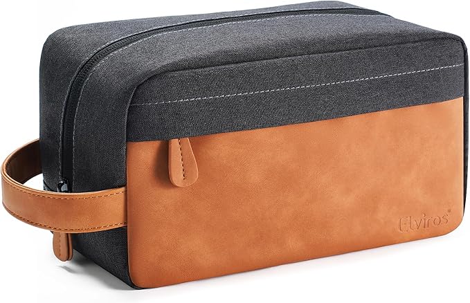 Elviros Travel Toiletry Bag for Men, Hanging Shaving Dopp Kit PU Leather Small Pouch Water Repellent Travel Essentials Organizer Gift for Dad, Black by Elviros