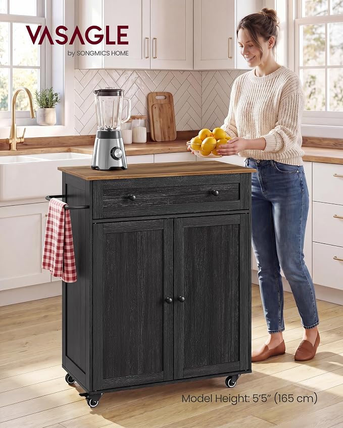VASAGLE Mobile Kitchen Island with Storage Cabinet for Kitchen, Dining Room | Portable Mobile Cart on Wheels , 15.8 x 30.9 x 35.1 Inches, Black and Honey Brown, SIREN Collection UKKI009BA01S - Image 2