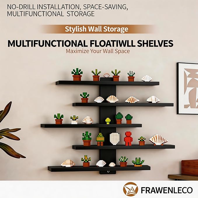 No Drill Floating Shelf for Wall, 5-Tier Wall Mounted Organizer, Damage-Free Display Shelf for Collectibles, Figures, Bathroom Kitchen Storage, Black - Image 3