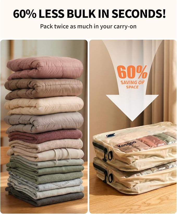 Vacuum Compression Packing Bags for Travel, Reusable Nylon Vacuum Bags with Pump, Expandable Luggage Organizer Set for Carry-On Suitcase Organizer (2 Pack with Pump, Beige) - Image 2