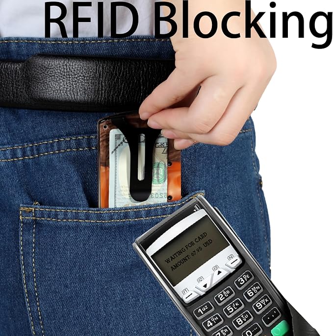 Minimalist Wallet for Men, Slim Metal RFID Blocking Wallet Credit Card Holder Money Clip & Cash Strap, Scratch-Resistant Holds 15 Cards,Ideal Gift for Men | Resin Wood, Unique Pattern,Orange - Image 4