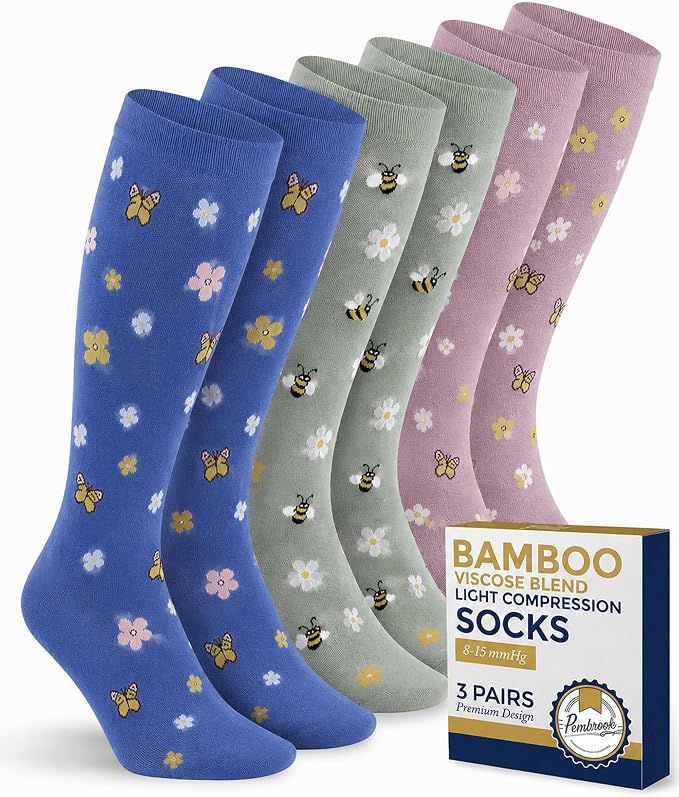 Pembrook® Bamboo Viscose Light Compression Socks - 3 Pairs | 8-15 mmhg Compression Socks | Knee High Comfort Support Socks by Pembrook