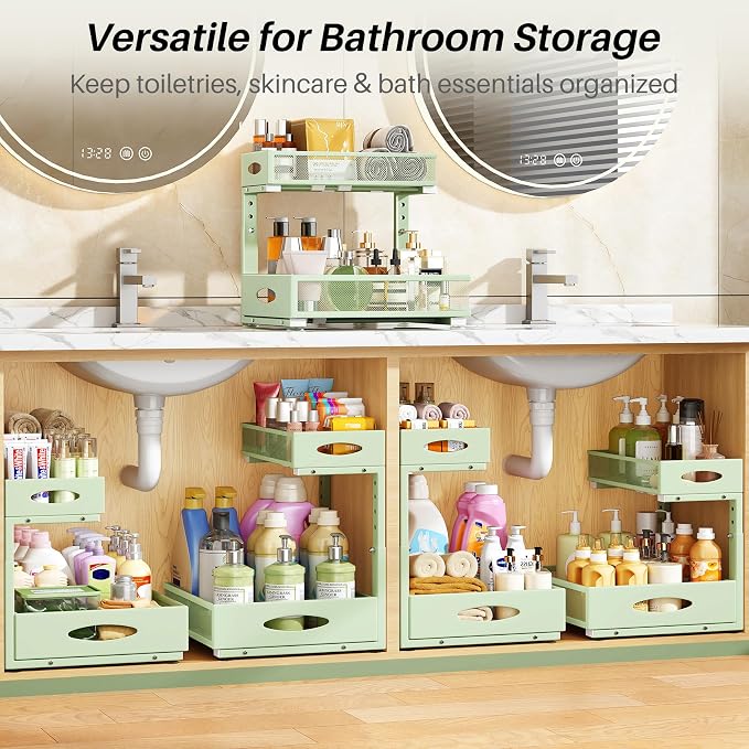 Under Sink Organizer, 2-Pack Pull Out Cabinet Organizer 2 Tier Metal Slide Out Storage Shelf Rack, L-Shaped Adjustable Height,Mesh Sliding Drawer for Kitchen, Bathroom, Laundry, Pantry, Green, XL - Image 8