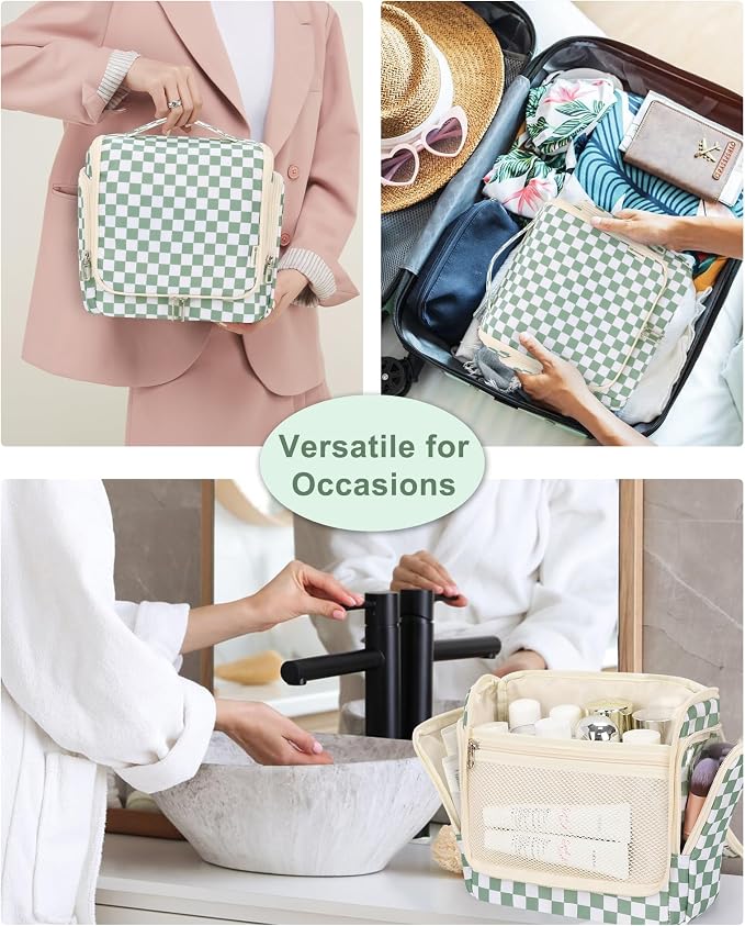 Relavel Travel Toiletry Bag for Women Makeup Bag Cosmetic Organizer Toiletries Bag with Hanging Hook for Travel Size Essentials Accessories Shower Caddy Bag for Bathroom Beach Gym, Green Checkerboard - Image 8