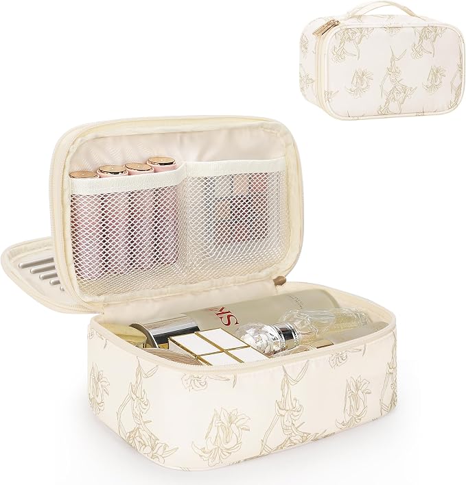 Relavel Travel Small Makeup Bag, Floral Cosmetic Bag with Brush Compartment | Portable Makeup Pouch for Women, Double Layer Cute Toiletry Organizer Bag with Accessories, Lily Floral by Relavel
