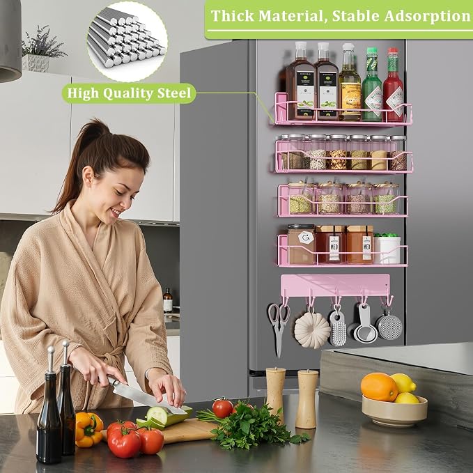 Magnetic Spice Rack for Refrigerator, 5 Pack Metal Strong Magnet Spice Organizer Shelves with Hook Rack, Space Saving Magnetic Fridge Shelf for Home Kitchen Organization and Storage (Pink) - Image 5