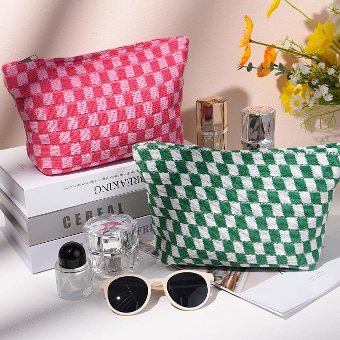 SOIDRAM 2 Pieces Makeup Bag Large Checkered Cosmetic Bag Capacity Canvas Travel Toiletry Bag Organizer Cute Makeup Brushes Aesthetic Accessories Storage Bag for Women, Checkered L Green Rose red - Image 2