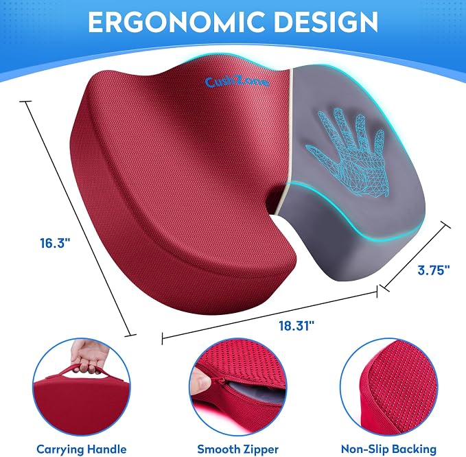 CushZone XL Memory Foam Seat Cushion for Office, Car & Wheelchair, Red | U-shaped Coccyx Cutout, Contoured Design, Breathable Removable Mesh Cover, Non-Slip Base, Carry Handle - Image 4
