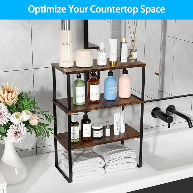 Golener Kitchen Counter Organizer, Countertop Shelf, Adjustable, Stackable | Kitchen Countertop Organizer, Spice Rack, 2-Tier Countertop Shelves, Corner Desk Shelf, Corner Counter Shelf, Rustic Brown - Image 9