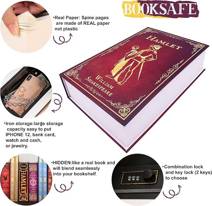 Deversion Book Safe Storage Box with Real Pages Combination Lock and Key Lock Box Money Safe Book Storage Lock Boxes for Personal Items 9.3''x6.0''x2.3'' (Hamlet-Key) - Image 4