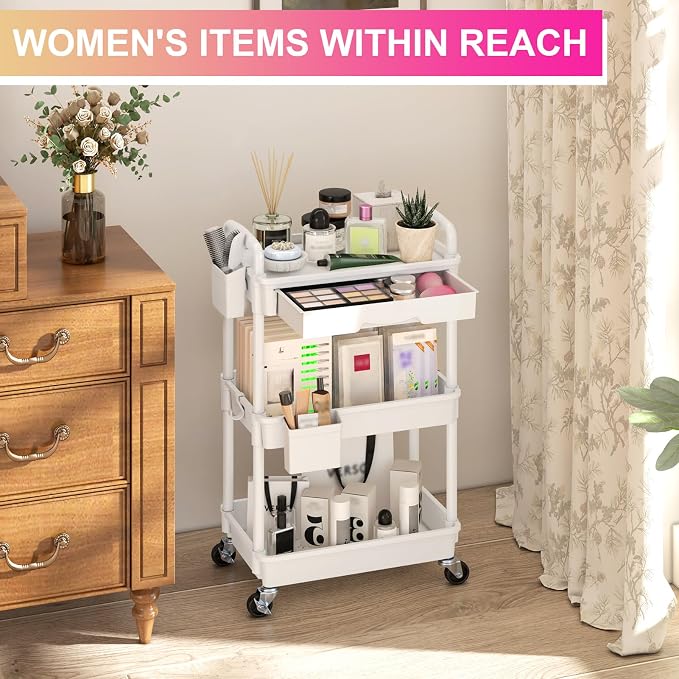 Goovilla 3 Tier Rolling Utility Cart Organizer with Removable Drawer, White | Stable and Sturdy Rolling Storage Carts with 2 Lockable Wheels for Bathroom, Kitchen, Snack, Craft, Makeup, Baby Essentials - Image 5
