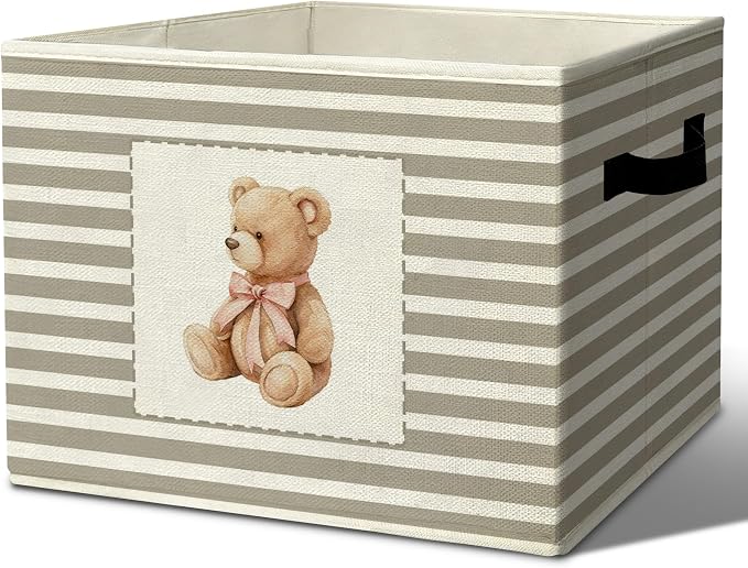 Rustic Bear Storage Bins Boxes Handles | grey striped nursery foldable basket for organizing bedroom toddler playroom by Unknown