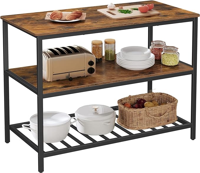 VASAGLE Kitchen Island with 3 Shelves, 47.2 Inches Width Kitchen Shelf with Large Worktop, Stable Steel Structure, Industrial, Easy to Assemble, Rustic Brown and Black UKKI01BX by Unknown