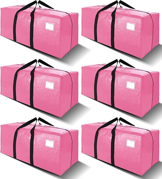 VELVETSURE 6 Pack Heavy Duty Large Moving Bags W/Backpack Straps - Strong Handles & Zippers, Storage Totes For Space Saving, Fold Flat, Alternative to Moving Box and Storage Bin, Pink by VELVETSURE