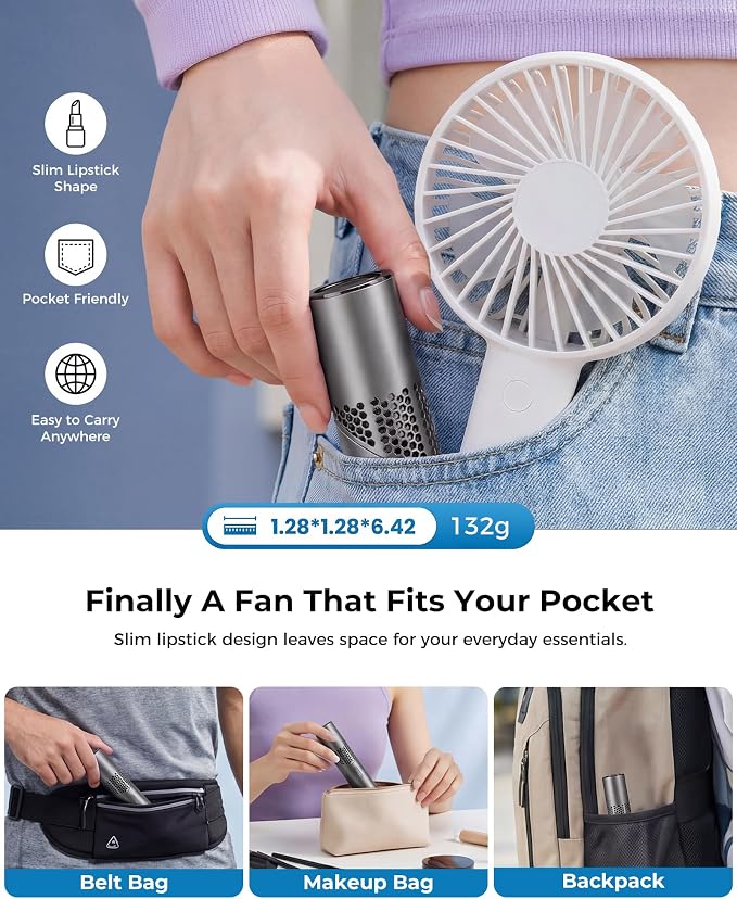 Portable Handheld Fan, Rechargeable, 199 Speeds, LED Display, Grey | 199-speed handheld fan with LED display, USB-C charging, 3000mAh battery for travel, office, outdoor, and makeup - Image 5