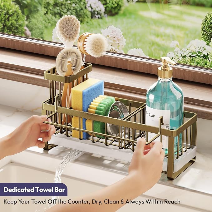 SWTYMIKI Sponge Holder for Kitchen Sink - Sink Caddy with Brush Holder Self-draining Sponge Caddy Organizer with Divider Stainless Steel Kitchen Accessories Storage for Countertop, Dark Gold - Image 5