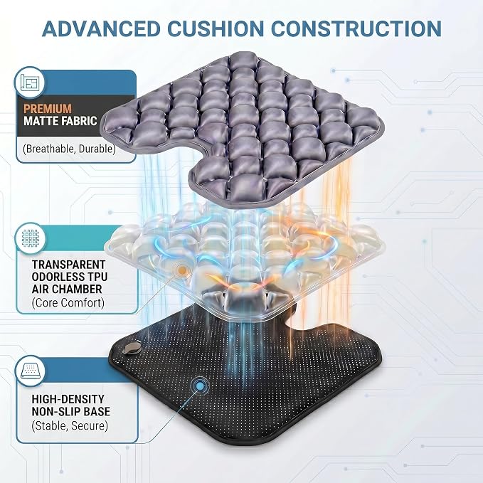 Inflatable Seat Cushion, Coccyx Cushion for Office Chair, Car & Wheelchair, Ergonomic Pressure Relief for Tailbone & Sciatica, Adjustable Firmness, Non-Slip Seat Pad for Long Sitting 16.6" × 15.8" - Image 3