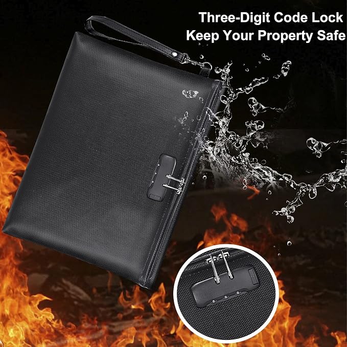 Fireproof Document Bag with Lock,Waterproof Money Pouch,14.3"x10.2" | Zipper Closure, Portable Safe Storage for Letter Size Files, Cash, Cell Phone, Tablet, Credit Card, Passport, Black - Image 3